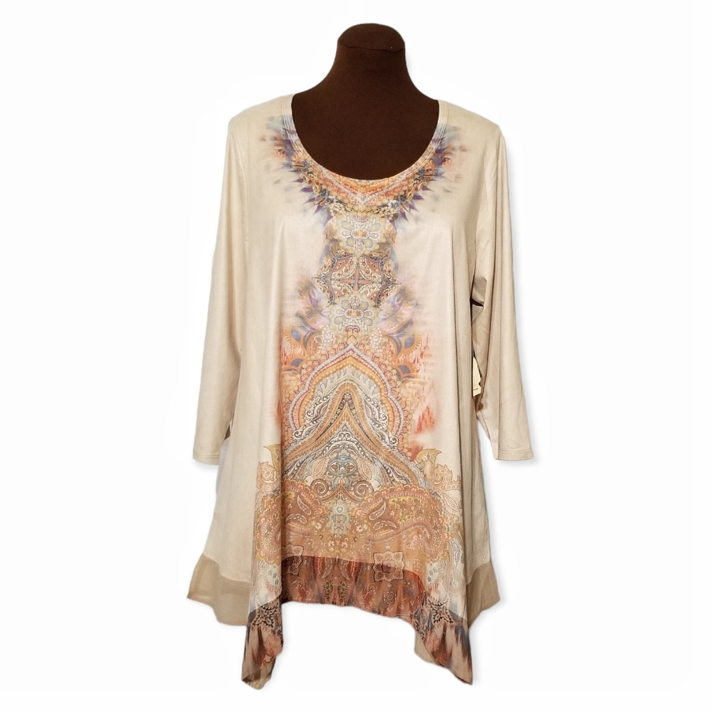 One World Printed 3/4 Sleeve Top Woman Size 1X